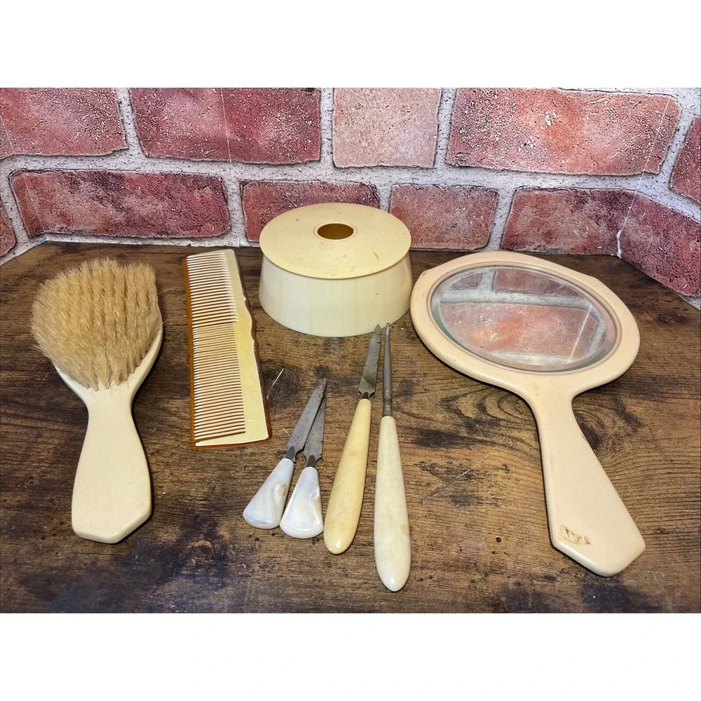 Vintage Dresser Pieces French Ivory Celluloid lot & Mother Of Pearl Nail Files